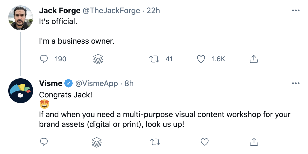 Visme在Twitter上对用户的个性化回应