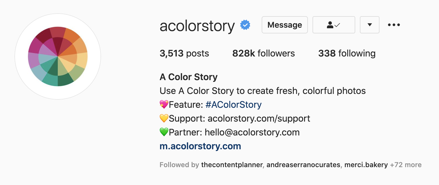 A Color Story的Instagram简介截图，展示了社区参与和UGC的品牌标签。