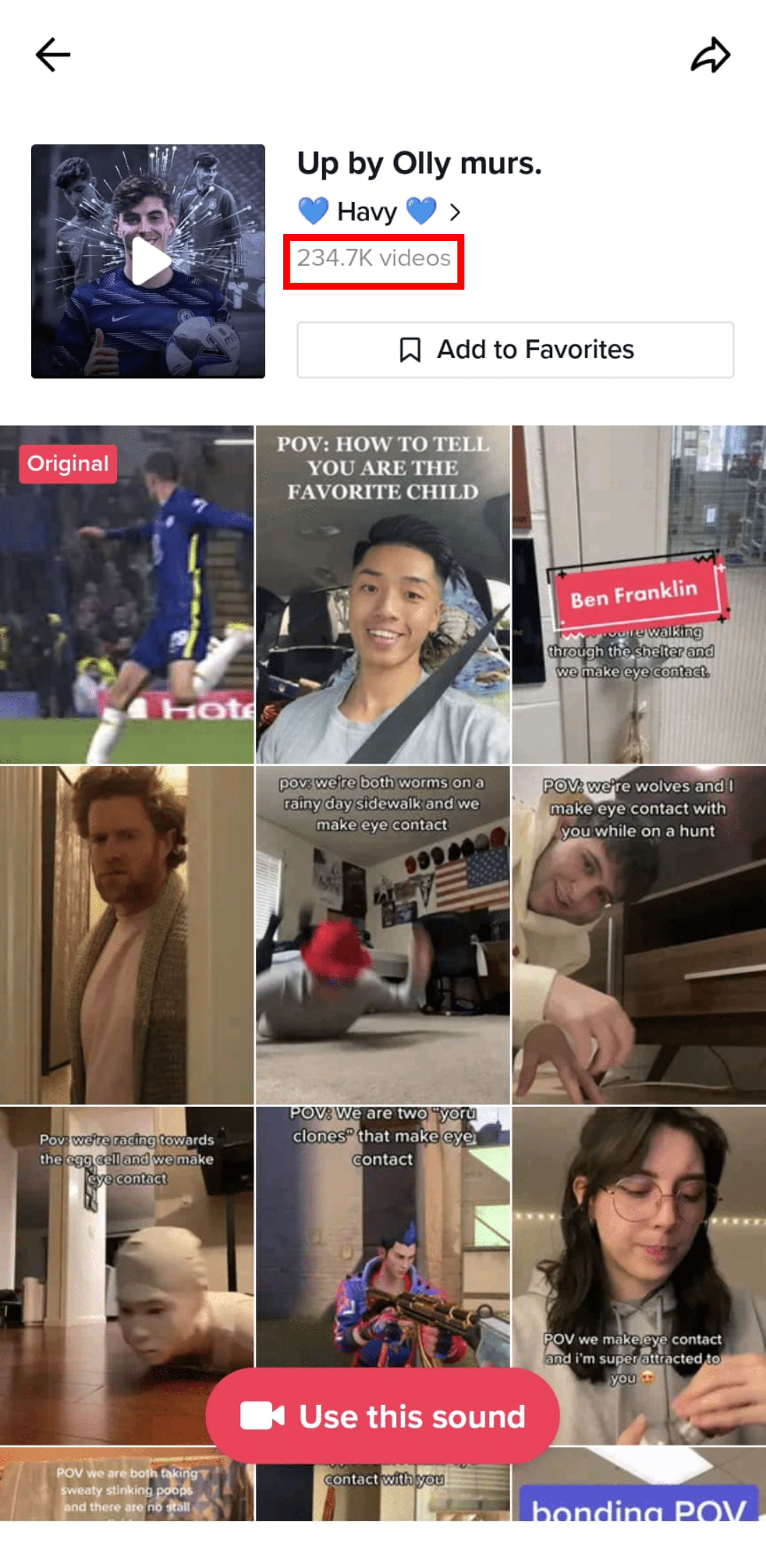 Screenshot of grid of TikTok videos that feature the popular sound Up by Olly murs