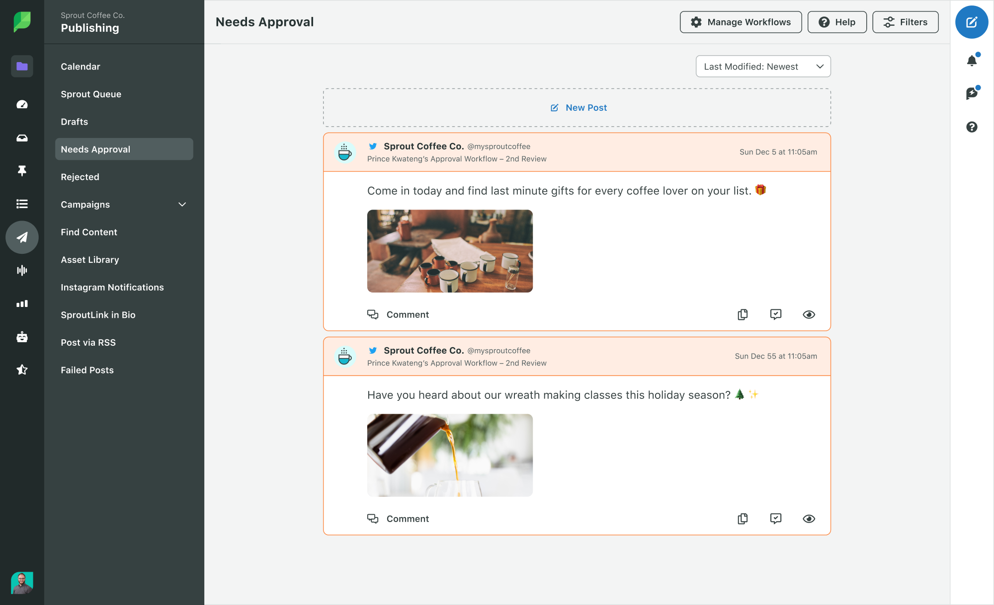 Social posts that needs approval using Sprout workflow